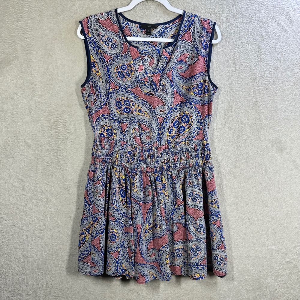 J.Crew Paisley Silk Mini Dress Womens 8 Blue Pink Excellent Smocked‎ Waist